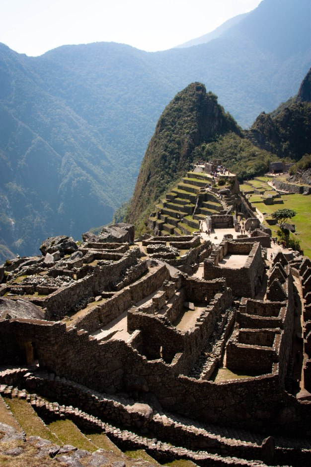 The ancient Inca city, Machu Picchu. The small peak in the background is called "Wayna Pikchu" -- if you are afraid of heights, don't climb it. :/