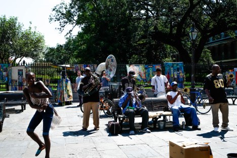 Street performers dance and play in Jackson Square