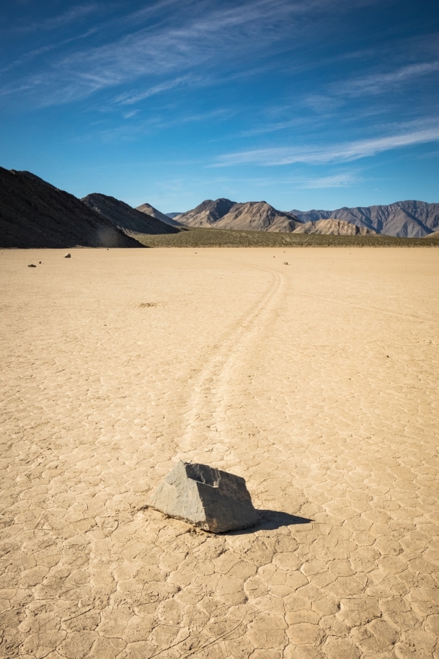A "sailing stone" lays still at The Racetrack at Death Valley.  Photo credit: Jonathan Irish